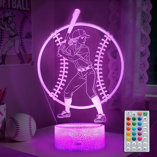 Baseball Gifts for Girls, Baseball Night Light, 3D Illusion Lamp with 16 Colors Changing, Timer, 4 Flash Modes and Dimmable, Accessories Stuff for Room Decoration, Kids Girls Holiday Xmas Gifts