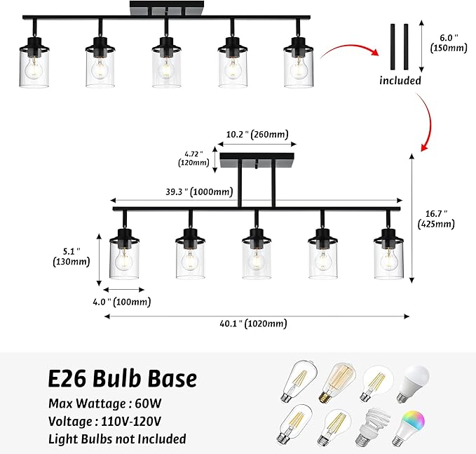 5-Light Adjustable Track Lighting Kit in Matte Black Semi Flush Mount Ceiling Light with 5 Rotatable Light Heads Modern Vanity Lights for Bathroom, Clear Glass Shade