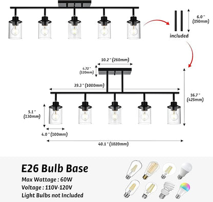 5-Light Adjustable Track Lighting Kit in Matte Black Semi Flush Mount Ceiling Light with 5 Rotatable Light Heads Modern Vanity Lights for Bathroom, Clear Glass Shade