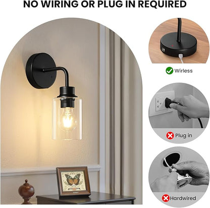 Epinl Battery Operated Black Wall Sconce Set of 2, Wireless Rechargeable Wall Lights with Remote Control, Dimmable Wall Lamp for Bedroom Living Room Hallway