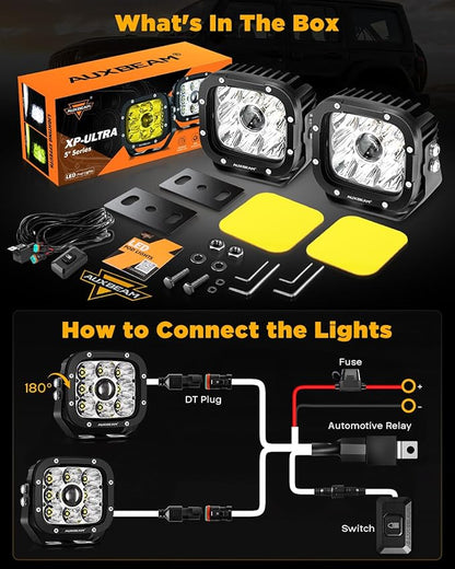 Auxbeam XP-Ultra Series 5" 110W Offroad Spotlights Hyper Spot Beam LED Pods Light Bar Amber White Dual Color Covers Driving Yellow Fog Ditch Lights, Pair