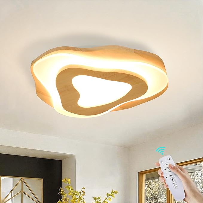 Littleglovo 15.7" Modern Flush Mount LED Chandelier for Dining Room, Dimmable Natural Wood Petal Energy Chandeliers Ceiling Light for Entryway Bedroom Foyer Kitchen Living Room Bathroom