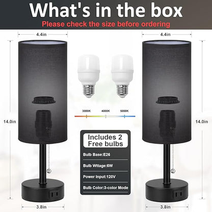 Fenmzee Black Bedside Table Lamps Set of 2-3 Color Temperatures Pull Chain Lamp with AC Outlet Charging Port, Round Night Stand Lamps for Bedroom Office, Small Bed Side Light with E26 LED Bulbs