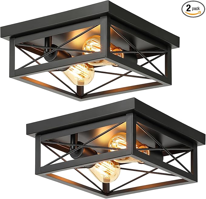 Kondras 2-Light Industrial Square Flush Mount Ceiling Light, Farmhouse Ceiling Light Fixture for Kitchen, Modern Black Close to Ceiling Light for Hallway Bedroom Balcony Porch Stairway, E26, 2-Pack
