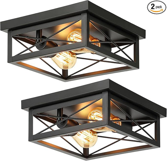 Kondras 2-Light Industrial Square Flush Mount Ceiling Light, Farmhouse Ceiling Light Fixture for Kitchen, Modern Black Close to Ceiling Light for Hallway Bedroom Balcony Porch Stairway, E26, 2-Pack