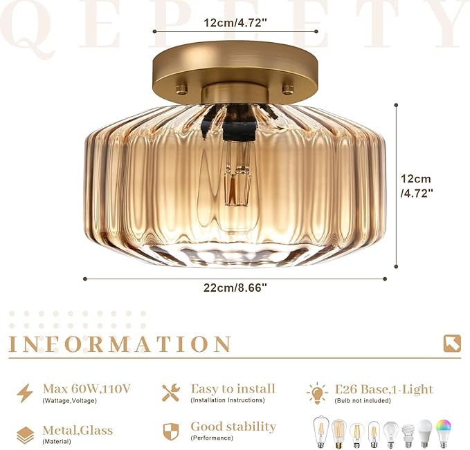 Amber Semi-Flush Mount Ceiling Light, Mid-Century Small Ceiling Light Fixture, E26 Base 1-Light Gold Ceiling Lamp for Kitchen Bathroom Hallway Bedroom Entryway