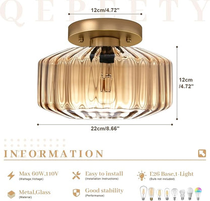 Amber Semi-Flush Mount Ceiling Light, Mid-Century Small Ceiling Light Fixture, E26 Base 1-Light Gold Ceiling Lamp for Kitchen Bathroom Hallway Bedroom Entryway