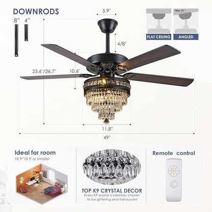 Asyko Crystal Ceiling Fan Fandelier with Lights - Modern Black Chandelier Fans with Remote Control，Noiseless AC Motor, Retro/Farmhouse Lighting, Dining Room， Living Room (52"