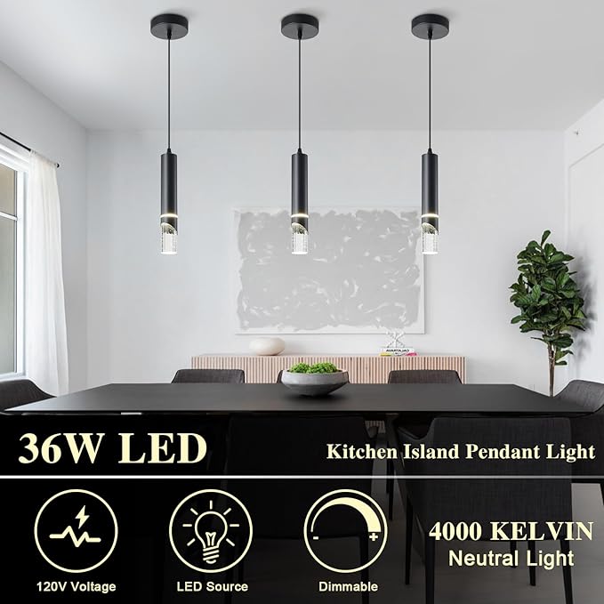 Pendant Lights Kitchen Island Dimmable LED Kitchen Lighting Matte Black Hanging Light fixtures Bubble Crystal Mini Pendant Light, Modern Pendant Ligh(3 Pack)