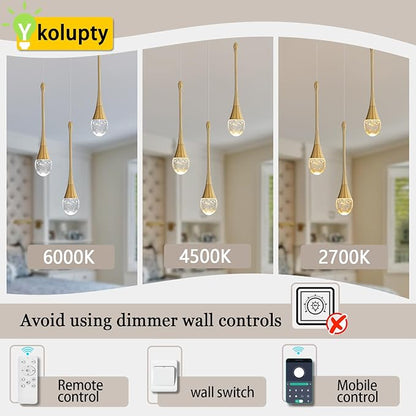 ykolupty Modern Crystal Pendant Light LED Dimmable Crystal Ceiling Pendant Lighting for Kitchen Island Dining Room Hallway Bedroom (Gold 3 Pack)