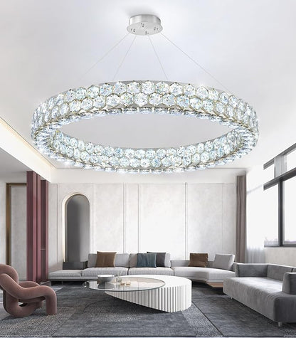 Modern Ring Chandelier, Crystal Chandeliers for Dining Room Round LED Ceiling Light Fixture for Living Room Bedroom Lighting Dimmable with Remote Ring Lights, 32inch Width