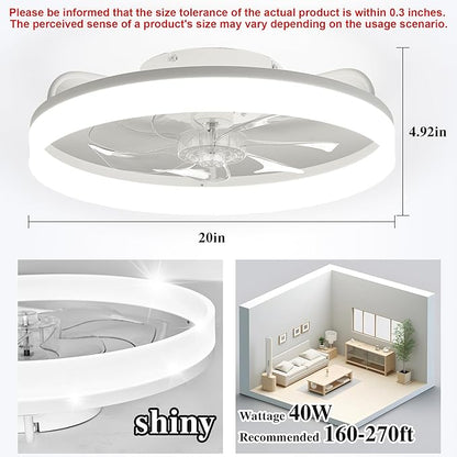 Ceiling Fans with Lights and Remote Fandelier - White 20'' Flush Mount Low Profile Modern Ceiling Fans for Bedroom - Stepless Color Temperature and 6 Speeds, White