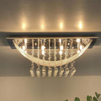 Modern Chandelier Crystal Chandelier Flush Mount Chandelier Gold Rectangle Crystal Raindrop Chandelier 8 Lights Ceiling Light Fixture Pendant Lamp for Kitchen Island Dining Room Closet Wedding Decor