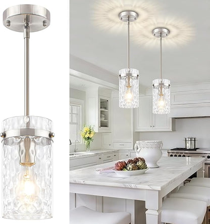 2 Pack Brushed Nickel Pendant Lighting for Kitchen Island, Modern Hand-Blown Glass Kitchen Hanging Light Fixtures Over Island Adjustable Mini Pendan Lights for Hallway Entryway Bathroom Dining Room