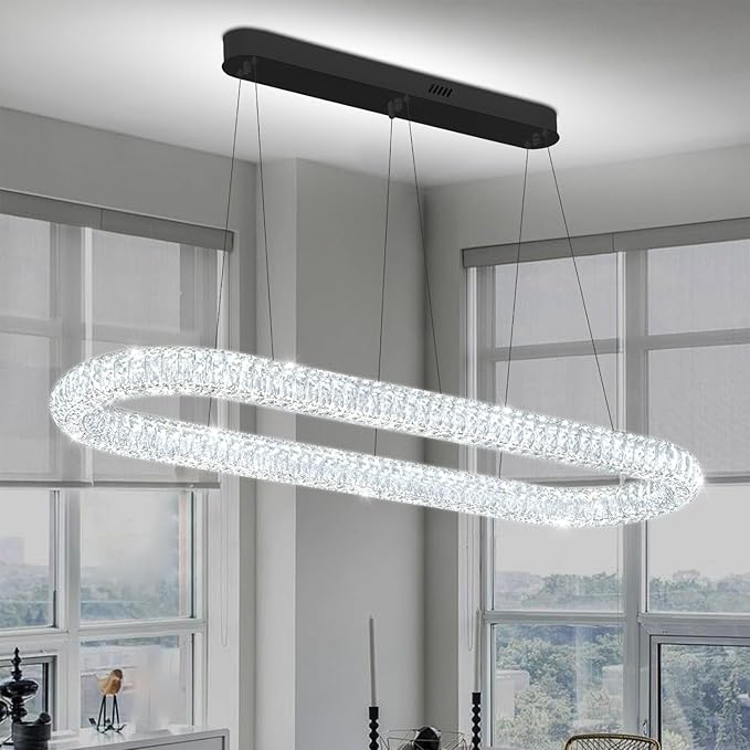 LED Crystal Ring Chandelier, 47.2'' Black Crystal Ring Pendant Light for Kitchen Island Modern Linear Oval Chandeliers for Dining Room Dimmable 3000K-6000K