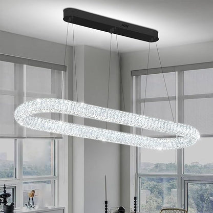 LED Crystal Ring Chandelier, 47.2'' Black Crystal Ring Pendant Light for Kitchen Island Modern Linear Oval Chandeliers for Dining Room Dimmable 3000K-6000K