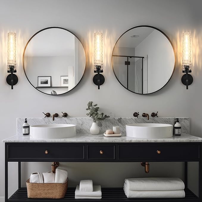 Black Wall Sconces, 19.5'' Knurled Bathroom Sconces Wall Lighting with Water Ripples Lampshade, Dimmable Indoor Vanity Wall Light Fixtures Decor for Living Room Hallway Bedroom Stairs