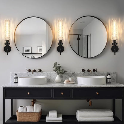 Black Wall Sconces, 19.5'' Knurled Bathroom Sconces Wall Lighting with Water Ripples Lampshade, Dimmable Indoor Vanity Wall Light Fixtures Decor for Living Room Hallway Bedroom Stairs