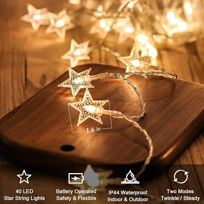 Star String Lights Battery Operated, 20 FT 40 LED Twinkle Lights Warm White Cute Hanging Star Fairy Light for Bedroom Room Office Home Window Camper Indoor Outdoor Xmas Tree Christmas Decorations
