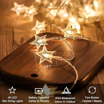 Star String Lights Battery Operated, 20 FT 40 LED Twinkle Lights Warm White Cute Hanging Star Fairy Light for Bedroom Room Office Home Window Camper Indoor Outdoor Xmas Tree Christmas Decorations