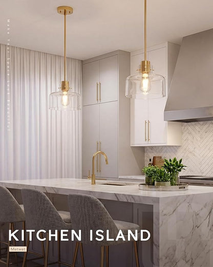 Pendant Lights Kitchen Island, 8" Brushed Gold Pendant Light Fixtures Over Island with Clear Glass Shade, Modern Brass Kitchen Island Lighting for Dining Room Entryway, PL124-BG-G-1PL