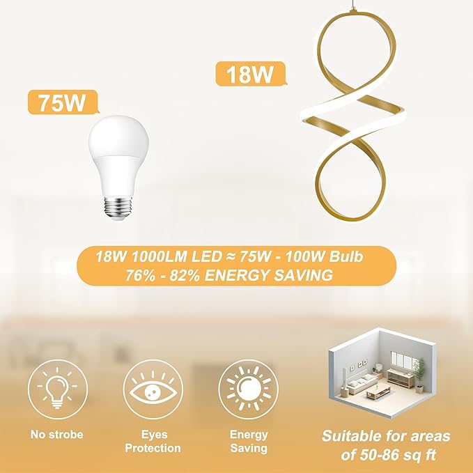 MAYNA Spiral Kitchen Pendant Lighting, 4000K Modern LED Pendant Light Fixture, 18W Adjustable Height Island Light Fixture for Kitchen Bedroom Kitchen Island Cafe, 1 Pack (Gold)