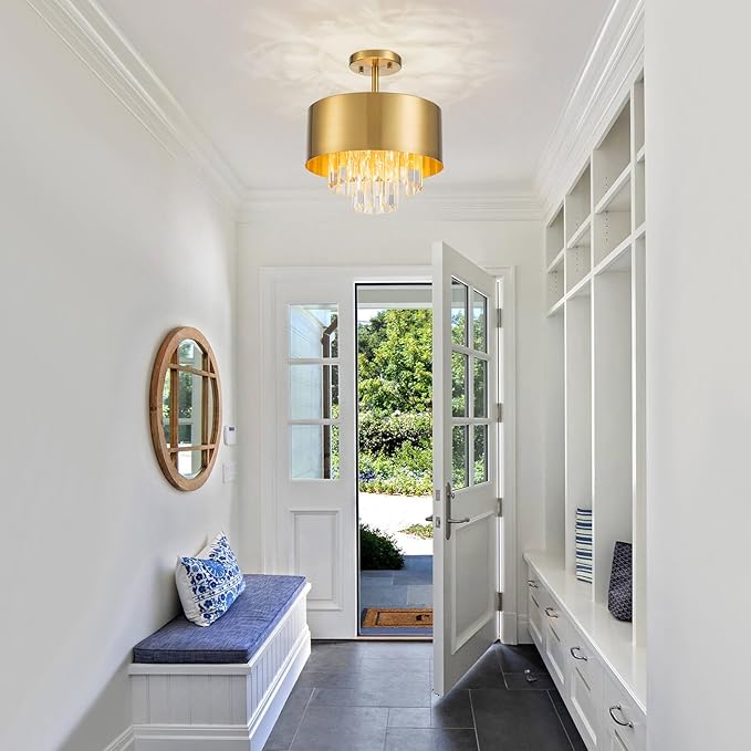 LumFurn 3-Light Luxury K9 Crystal Ceiling Light for Living Room, Foyer, Bedroom, Close to Ceiling Semi-Flushmount Light Fixture, Brass Finish Metal Lampshade & Clear Crystal Pendant