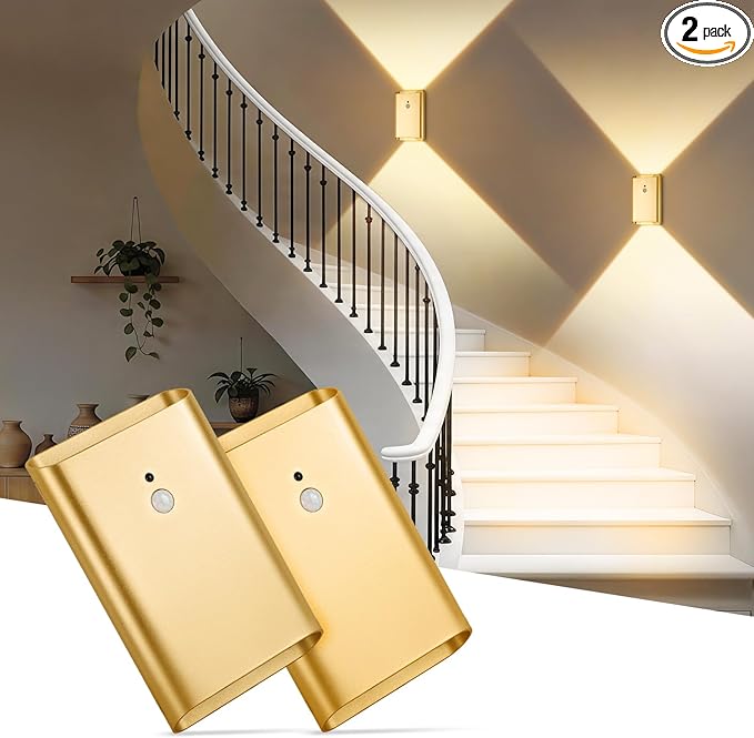 Wireless Adhesive Motion Sensor Wall Light with Remote, 6000mAh Battery Operated 300LM 3CCT Dimmable & Timer - Cordless Wall Sconce for Stair Hallway Bedroom Closet Gold for Renters Elderly Pet Owners