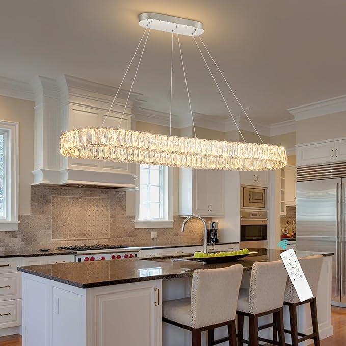 HAIXIANG Modern Crystal Chandelier Dimmable LED Long Chandeliers for Dining Table Pendant Lights Rectangular Glam Lighting Fixtures for Dining Room Kitchen Island Silver