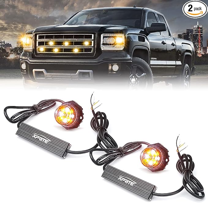 Xprite Hideaway Strobe Lights White Amber LED Strobe Light Kit with 14 Flash Patterns Grill Strobe Lights for Trucks Surface Mount Headlight Taillight Emergency Warning for Work and Tow Vehicles -2PCS