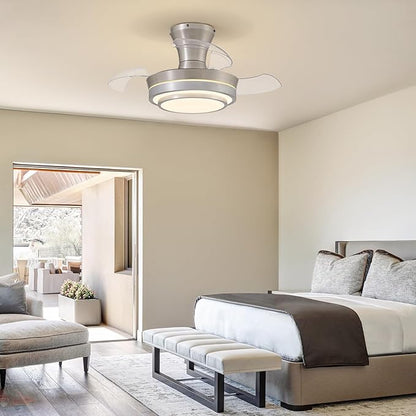 Retractable Small Led Ceiling Fan with Light and Remote 28 Inch Low Profile Brushed Nickle Modern Fandelier for Bedroom Living Room Dimmable 6 Speed Reversible Smart Ceiling Fan