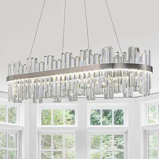 Nickel Led Modern Crystal Chandelier: 39.3" Rectangle Linear 3 Color Dimmable Chandeliers for Dining Room Over Table - Luxury Rectangular Contemporary Oval Light Fixture for Living Room Bedroom Foyer