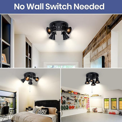 4-Light Industrial Track Lighting with Pull Chain On/Off Switch, Adjustable Round Kitchen Ceiling Light, Morden Black Flush Mount Directional Light for Kitchen, Hallway, Dining Room.