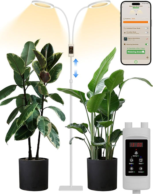 GLOWRIUM Smart Grow Lights for Indoor Plants, 48W Full Spectrum Plant Lights with Bluetooth App, Adjustable Height 47-70.9", Auto Timer, Indoor Plant Lamp for Large Tall Plants（White 48W）