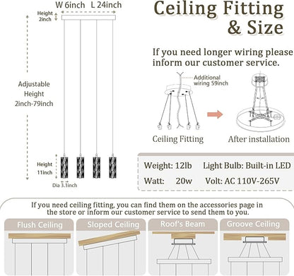 ykolupty Rectangle Crystal Pendant Lights LED Dimmable Pendant Ceiling Lighting Modern Linear Chandelier for Dining Room Hallway Silver