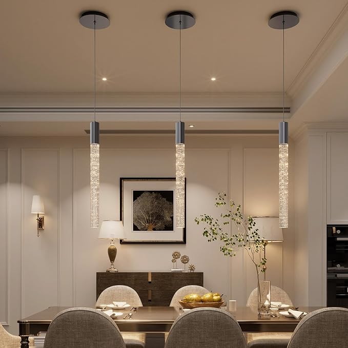 Modern Black Crystal Column Pendant Light Kitchen Island Dimmable LED Lighting Adjustable Hanging Pendant Lighting
