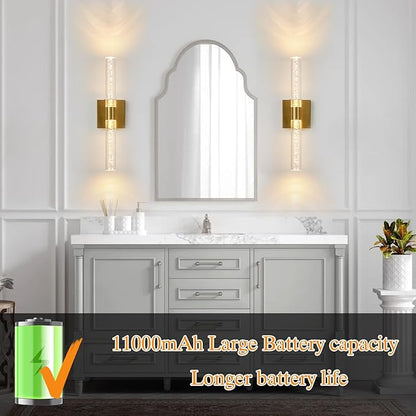 Battery Operated Wall Sconce Set of Two, Rechargeable Modern Crystal Bathroom Sconces, 3000K-6000K Dimmable Gold LED Wireless Wall Lights for Vanity Bedroom Living Room Hallway
