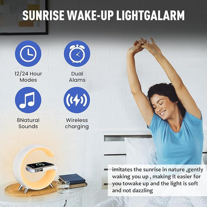 LeeNabao Smart LED Table Lamp, 4-in-1 Wireless Charger, Night Light, Alarm Clock, and Bluetooth Speaker with App Control for Bedroom, Office, and Home Decor (White)