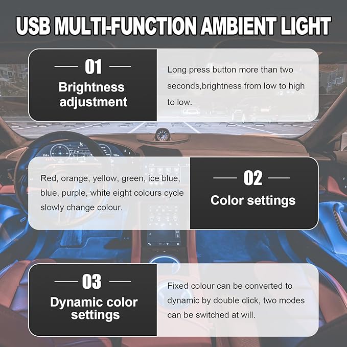 DXNQ 2PCS USB Type C LED Ambient Light, 8 Colors RGB Dynamic Atmosphere Lamp Car Interior Decor USB Night Light, Adjustable Bright Plug-in Mini Ambient Lighting Kit for Car Laptop
