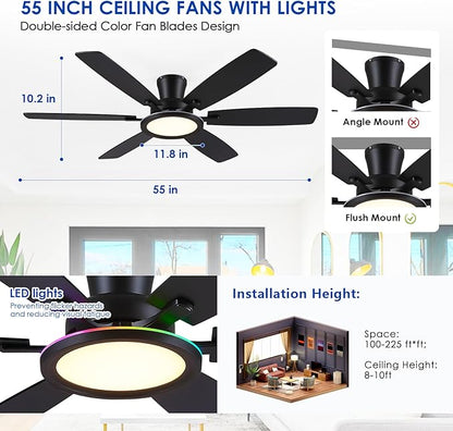 BYKISTOK 55in Black Flush Mount Ceiling Fan - RGB Low Profile Ceiling Fan Light with Remote-APP, Dimmable and 3CCT, Modern Fan with RGB Light for Indoor and Covered Outdoor