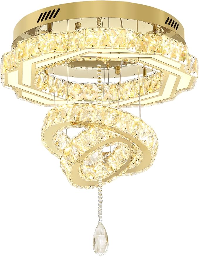 Flashing God Dia 20" Modern Crystal Chandeliers Dimmable Gold Chandelier LED Flush Mount Crystal Ceiling Light for Living Room Dining Room Bedroom