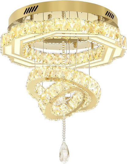 Flashing God Dia 20" Modern Crystal Chandeliers Dimmable Gold Chandelier LED Flush Mount Crystal Ceiling Light for Living Room Dining Room Bedroom
