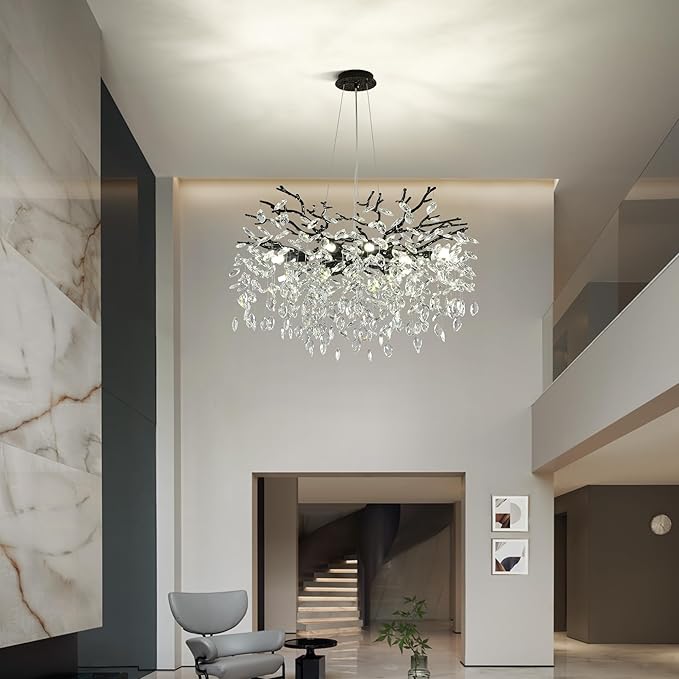 Modern Crystal Tree Branch Chandelier, Black Round Art Deco Pendant Light Raindrop Lighting Fixture for Dining Room Bedroom Foyer 8 Lights D23.7''