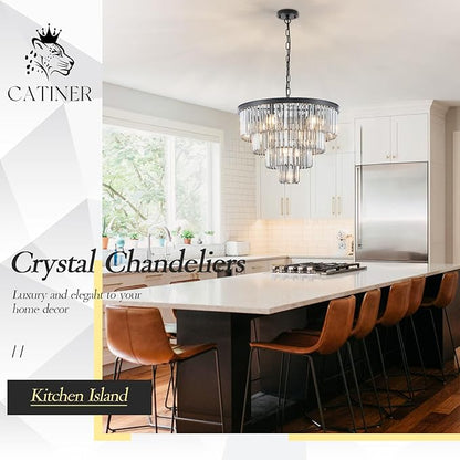 CATINER 24”Modern Black Crystal Chandeliers Ceiling Round Smoke Gray Crystal Chandelier Luxury 4-Tier 12 Lights Pendant Light Fixture Contemporary for Dining Room Foyer Staircase Living Room