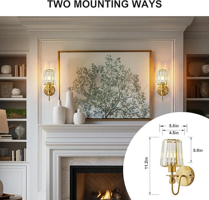 KARTOOSH Hardwired Crystal Wall Sconces Set of Two - Dimmable Wall Light Fixtures 3000K, Warm White, for Hallway, Bathroom, Living Room, Bedroom, Brass, 11.2 Inch