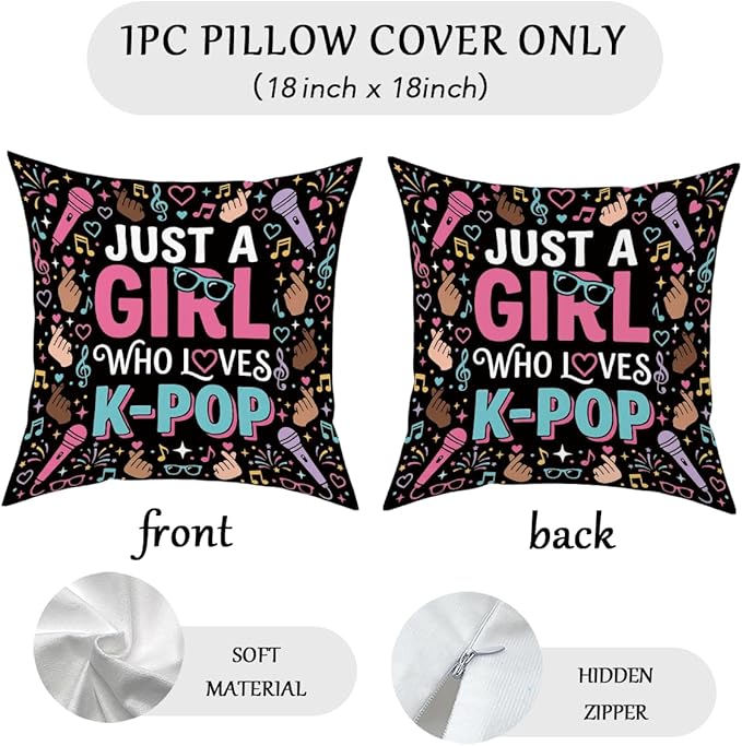 K-pop Decor, Just a Girl Who Loves K-pop Room Decor, Anime Lovers Throw Girls K-pop Gifts Pillow Covers for Living Room Home Girl Bedroom Decoration Gifts