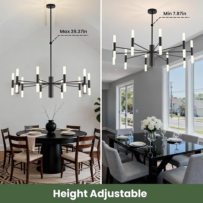 Black Modern Chandelier 20-Light, Large Farmhouse Round Candle Chandeliers with Acrylic Shades, 38.6" Dining Room Light Fixture for High Ceilings, Living Room, Foyer, Entryway, G9 Base