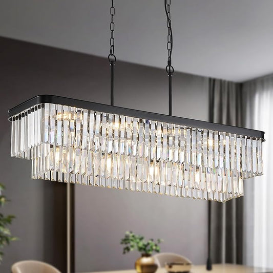 L40” Large Modern Rectangular Chandeliers 12 Lights Luxury K9 Crystal Ceiling Pendant Light Fixture Modern Black Long Chandelier for Kitchen Island Dining Room Living Room Bar