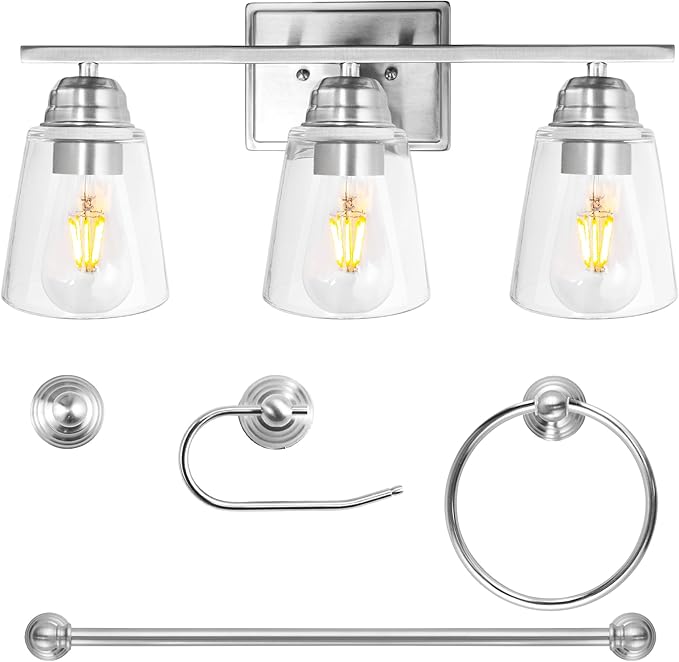 hykolity 3-Light Bathroom Vanity Light, 5-Piece All-in-One Bathroom Set, 20 Inch Modern Wall Lamp, Brushed Nickel Wall Sconce with Clear Glass Shade, Wall Lights for Bedroom, Living Room, Mirror