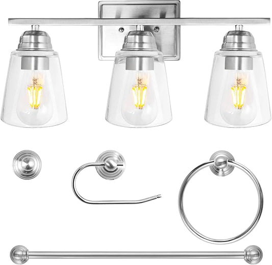 hykolity 3-Light Bathroom Vanity Light, 5-Piece All-in-One Bathroom Set, 20 Inch Modern Wall Lamp, Brushed Nickel Wall Sconce with Clear Glass Shade, Wall Lights for Bedroom, Living Room, Mirror